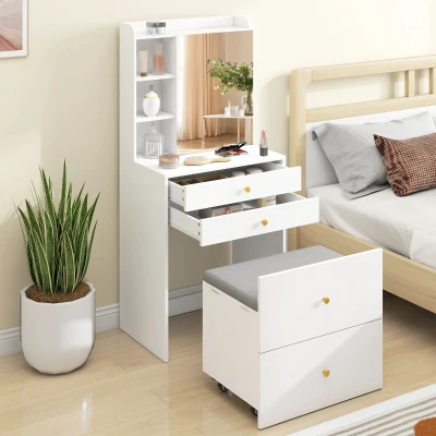 HOMCOM Dressing Table Mirror Storage Stool Cabinet Drawers White