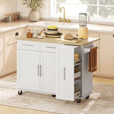 HOMCOM Îlot Cuisine Roulettes Plateau Extractible 2 Tiroirs Blanc