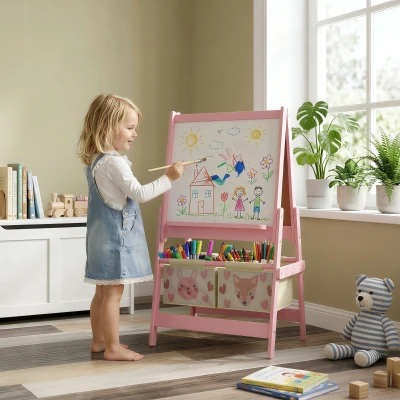 AIYAPLAY 3-in-1 Kinder Staffelei mit Papierrolle, Kreidetafel, Whiteboard, Aufbewahrungskörbe, 54 x 46,5 x 93 cm, rosa