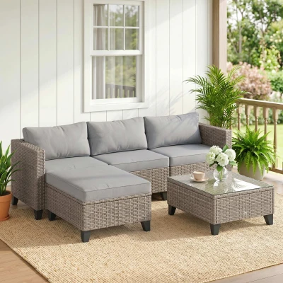 Outsunny 5-Piece Rattan Patio Set Corner Sofa Brown