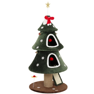 PawHut Weihnachts-Kratzbaum für Katzen, 2 Höhlen, Sisal-Leiter, Jute-Pfosten und Bällchen, 60x60x132 cm, Grün
