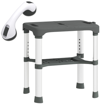 HOMCOM Tabouret Douche Hauteur Ajustable Étagère Barre Gris