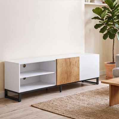 HOMCOM Meuble TV 140cm Blanc 2 Portes Étagères Réglables