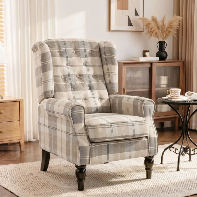 HOMCOM Wingback Accent Armchair Linen Fabric High Back Khaki Plaid