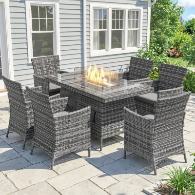 Outsunny 7-Piece Outdoor Rattan Dining Set with Fire Pit Grey