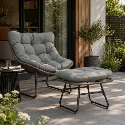 Outsunny Rattan Relaxsessel mit Fußhocker, Gartensessel mit dicke Kissen Outdoor Rattanstuhl Gartenstuhl für Garten, Balkon, Terrasse Grau
