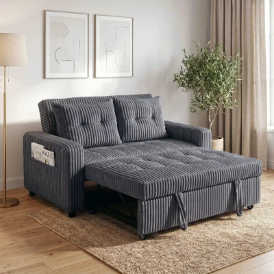 HOMCOM 2-Sitzer Sofabett, Cordbezug, zum Schlafsofa umwandelbar, 2 Kissen, Seitentaschen, 157 x 190 cm, Dunkelgrau