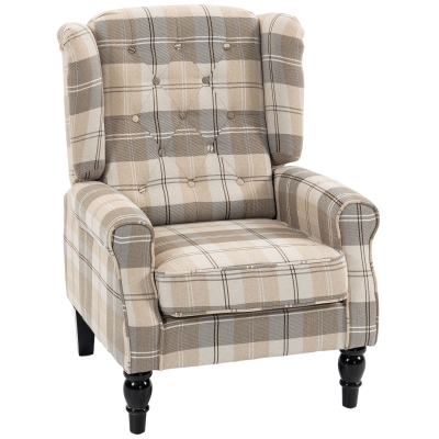 HOMCOM Wingback Accent Armchair Linen Fabric High Back Khaki Plaid
