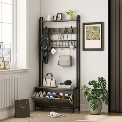 HOMCOM Schuhgarderobe 5-in-1 mit Sitzbank, Gitterpaneel, Schrank, 10 Haken, oberes Ablagebrett und Stahlrahmen, Grau
