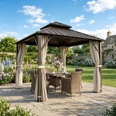 Outsunny Hardtop Gazebo 3x3m Waterproof with Netting & Curtains