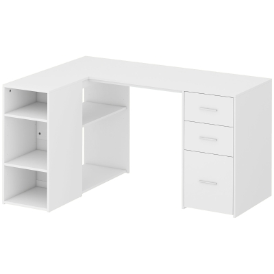 HOMCOM Escritorio Esquinero en L con 3 Cajones 5 Compartimentos Abiertos y Estantes Regulables 140x100x75 cm Blanco