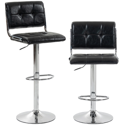HOMCOM Lote de 2 taburetes de barra, altura ajustable, giratorio 360°, asiento acolchado, respaldo y reposapiés, negro