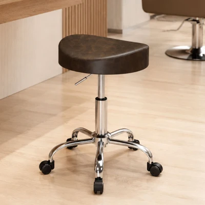 HOMCOM Taburete con ruedas, taburete de salón con altura regulable 51-66 cm y asiento acolchado, giratorio 360°, marrón