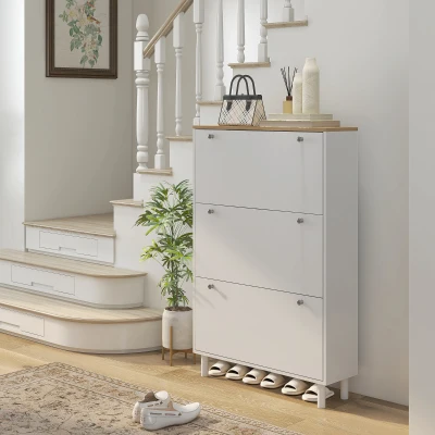 HOMCOM Sapateira 24 Pares Armário de Calçados Estreito com 3 Gavetas Basculantes Prateleiras Ajustáveis Branco
