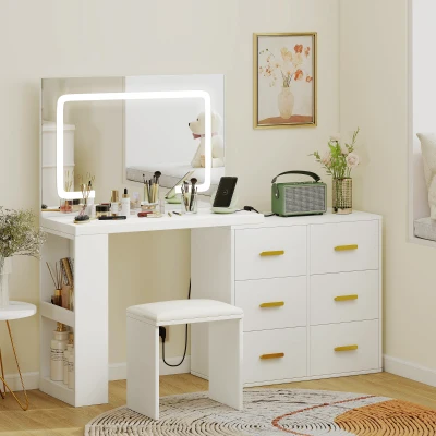 HOMCOM Coiffeuse LED avec Miroir, Tabouret, 6 Tiroirs, Blanc
