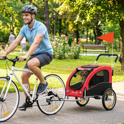 PawHut Remorque Vélo Chien Moyen 2-en-1 Suspension 154x71x104cm Rouge