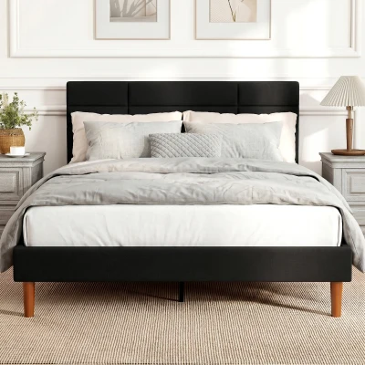 HOMCOM Bettgestell 140 x 200 cm mit Lattenrost, Doppelbett gepolstert in Leinenoptik, Stauraum unter dem Bett, geräuscharm, Schwarz