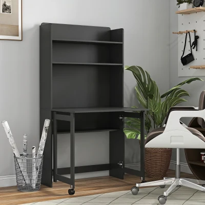HOMCOM Bureau Informatique Noir avec Étagères et Plateau Rabattable