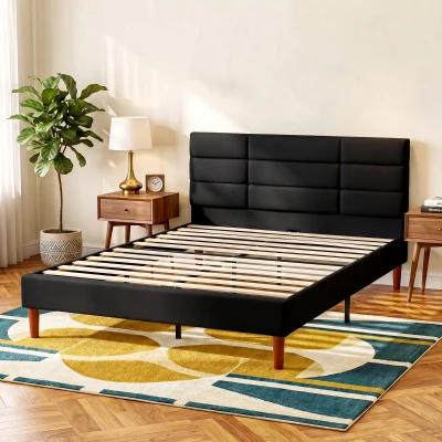 HOMCOM Estructura de Cama 140x200 cm con Lamas de Madera Cama Doble Acolchada en Efecto Lino con Almacenamiento Inferior sin Ruido Negro