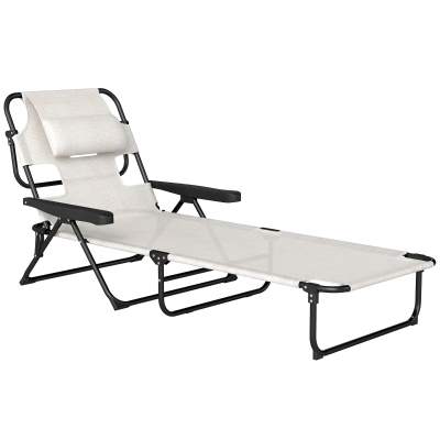 Outsunny Chaise Longue Pliante Réglable avec Appui-Tête Crème