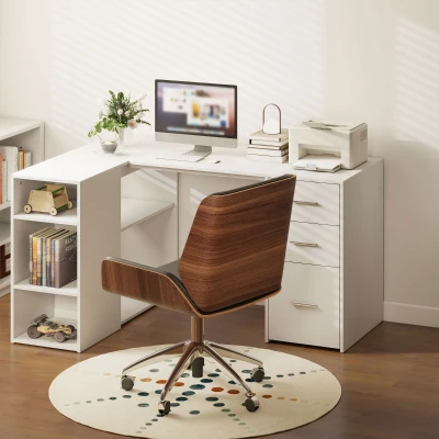 HOMCOM Eckschreibtisch, L-förmiger Computerschreibtisch, 3 Schubladen, 5 offene Fächer, verstellbare Regalböden, 140x100x75cm, Weiß
