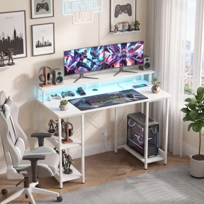 HOMCOM Escritorio para Ordenador Reversible Estantes, 120x50 cm, con Tomas de Corriente y Luces LED, Blanco Efecto Madera