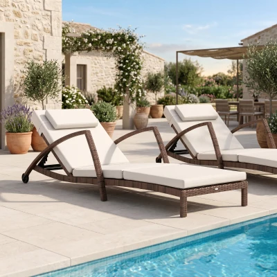 Outsunny Bain de Soleil Résine Tressée Dossier Réglable Marron Beige