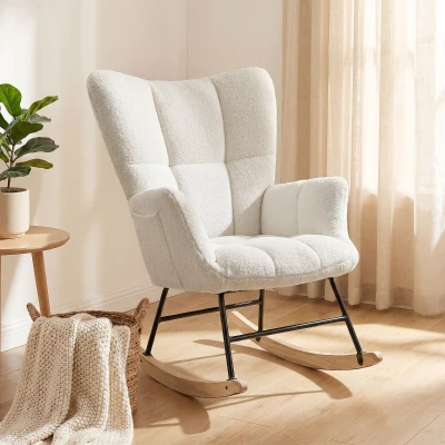 HOMCOM Sedia a Dondolo Imbottita in Velluto Teddy, Bianco Crema