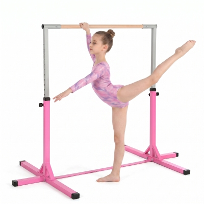 HOMCOM Barra de Gimnasia para Niños de +3 Años Barra de Entrenamiento Altura Ajustable 92-150 cm Carga 75 kg 194x121x150cm Rosa