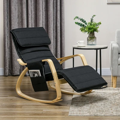 HOMCOM Silla Mecedora con Reposapiés Ajustable en 5 Posiciones Bolsillo Lateral Reposabrazos de Madera Reposacabezas Negro