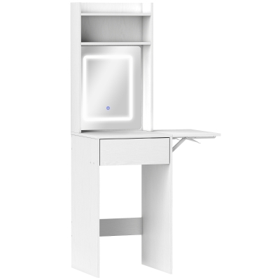 HOMCOM Compacter Make-uptafel met Spiegel en LED-verlichting, opklapbaar tafelblad, open planken, lade, MDF, Wit