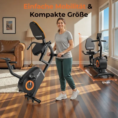 Liegeergometer, 16 Widerstandsstufen, leiser Lauf, verstellbarer Sitz, 99x51x114 cm, Schwarz