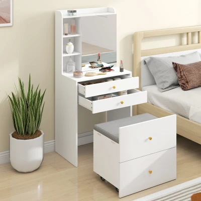 HOMCOM Schminktisch mit Spiegel und gepolstertem Hocker, kompakter Frisiertisch mit Schrank, Schubladen und offenen Ablagen, Weiß