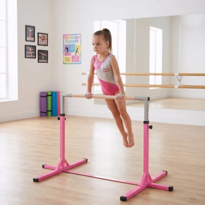 HOMCOM Barra de Gimnasia para Niños de +3 Años Barra de Entrenamiento Altura Ajustable 92-150 cm Carga 75 kg 194x121x150cm Rosa