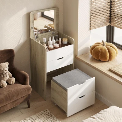 HOMCOM Toeletta con Specchio Ribaltabile, Rovere e Bianco