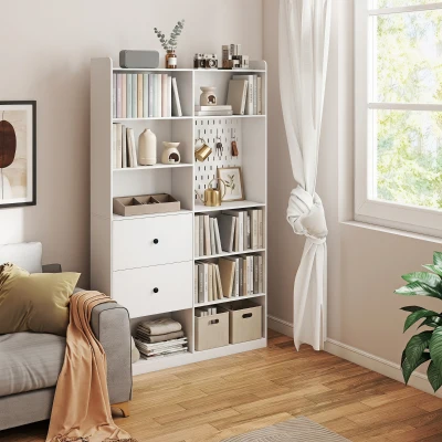 HOMCOM Estantería para Libros Alta y Estrecha con Panel Perforado 2 Cajones 8 Compartimentos Abiertos 120x30x200 cm Blanco