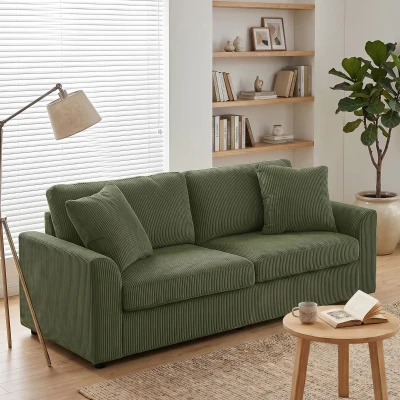 HOMCOM Sofá de 3 Plazas Tapizado en Pana con 2 Almohadas Reposabrazos y Cojín de Muelles 212x80x88 cm Verde