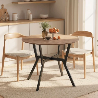 HOMCOM Mesa de Comedor Redonda de Estilo Industrial con Encimera de Madera y Marco de Acero Ø90x76 cm Marrón
