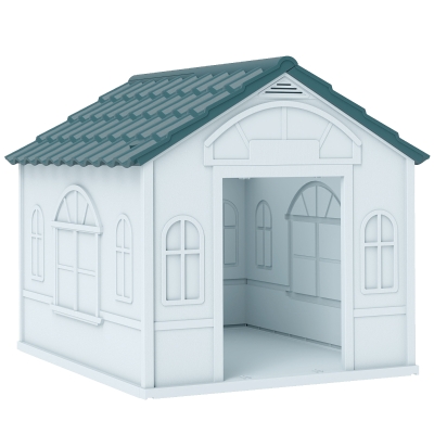 Plastic Weather-Resistant Dog House, for Indoors and Outdoors, Medium Dogs - White and Blue