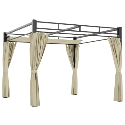 Outsunny Pérgola de Jardín 3x3 m con Techo Retráctil y Cortinas Protección UV30+ Estructura Metálica para Patio Terraza Beige