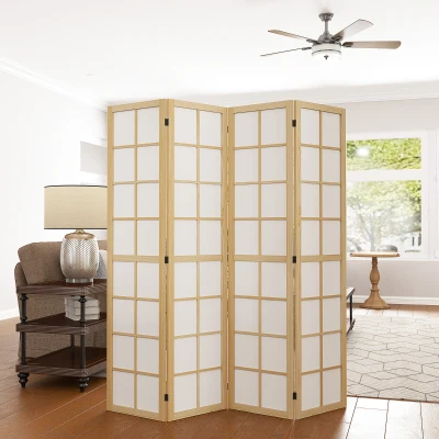 HOMCOM Biombo de 4 Paneles Plegable con Marco de Madera 160x170 cm para Dormitorio Oficina Salón Natural