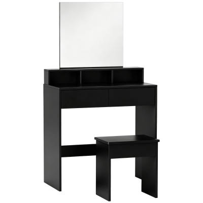 HOMCOM Coiffeuse Bois Noir Miroir 3 Étagères 2 Tiroirs Tabouret