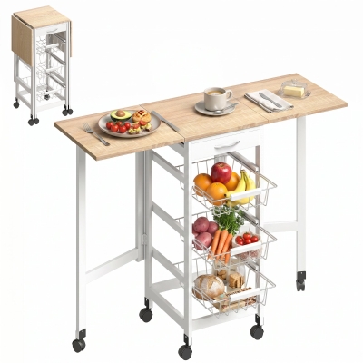 HOMCOM Desserte Cuisine Roulettes Blanc Chêne 3 Paniers+Tiroir