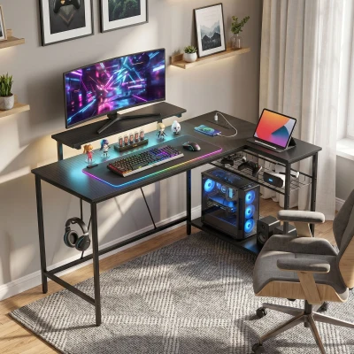 HOMCOM Reversible L-Shaped Gaming Desk LED Light Black