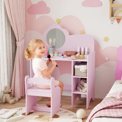 AIYAPLAY Tocador Infantil con Taburete y Espejo en Forma de Flor con Estantes Abiertos para Niños y Niñas de 3-8 Años Morado