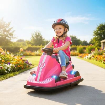 AIYAPLAY Autoscooter für Kinder, um 360 Grad drehbar, Lenkrad, LED-Lichter, Musikfunktion, 3-8 Jahre, Rosa