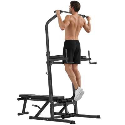 HOMCOM Estación de Musculación Torre de Entrenamiento Altura Ajustable con Barra de Dominadas y Banco Plegable para Fitness en Casa Gimnasio Carga 150 kg 99x178x230 cm Negro