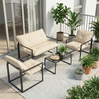 Outsunny Set de Mobilier de Grădină din 4 Piese cu Canapea, 2 Fotolii și Măsuță, din Oțel, Poliester și Bumbac PP, Bej și Gri