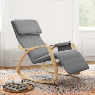 HOMCOM Silla Mecedora con Reposapiés Ajustable en 5 Posiciones Bolsillo Lateral Reposabrazos de Madera Reposacabezas Gris