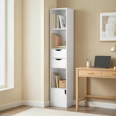 HOMCOM Estante com 2 gavetas, Armário de livros estreito com 3 prateleiras abertas, para escritório, quarto 30x24x158cm Branco